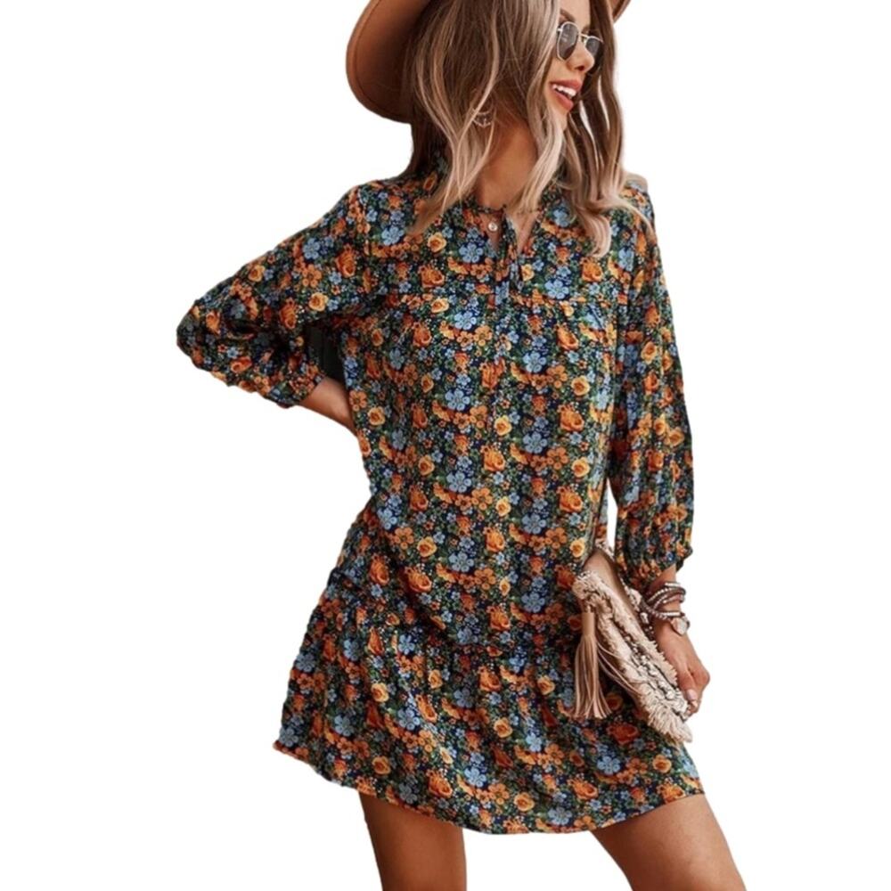 Kirundo Dress Floral Print Long Sleeve Tie Neck Ruffle Boho Swing Mini Large
